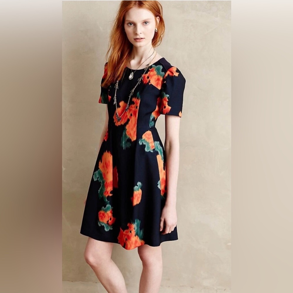 Anthropologie McGinn Navy & Orange Floral Dress